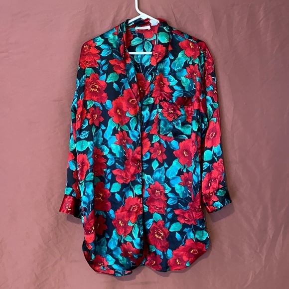 80s VTG VICTORIAS SECRET GOLD LABEL FLORAL LONG SLEEVE SHIRT DRESS NIGHT GOWN